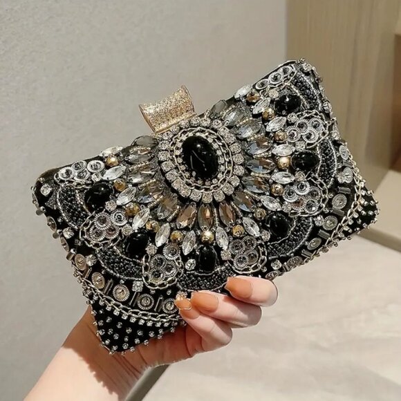 Beaded Rhinestone Evening Bag, Elegant Box Clutch Purse, Wedding Handbag #013.28 - Picture 5 of 9